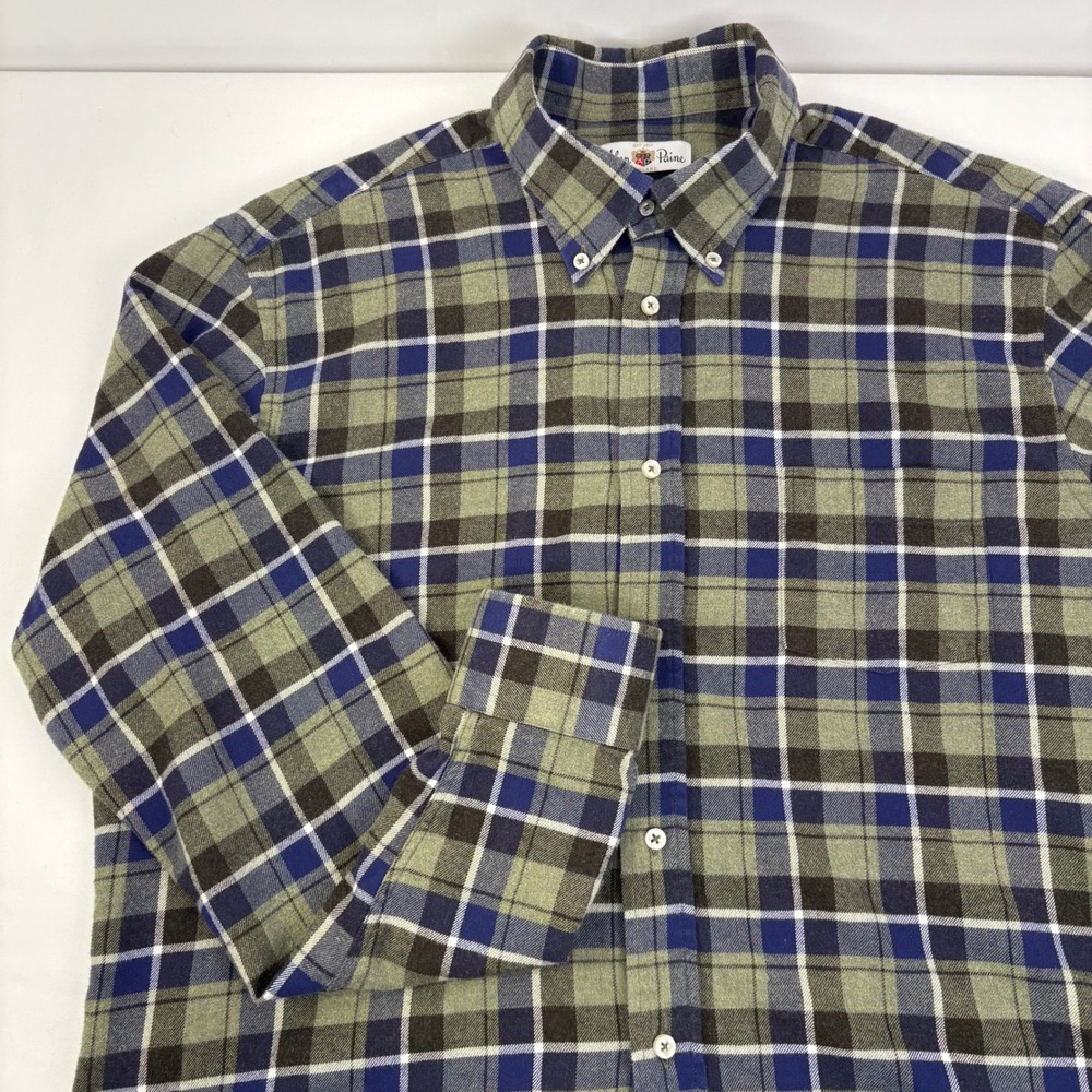 Alan Paine Mens Flannel Plaid Button Down Shirt Green Blue Size Large